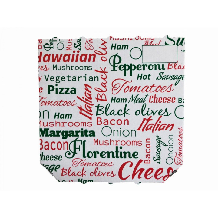 Krabica na pizzu biela s potlačou TEXT 33x33x3 cm, 100 ks.
