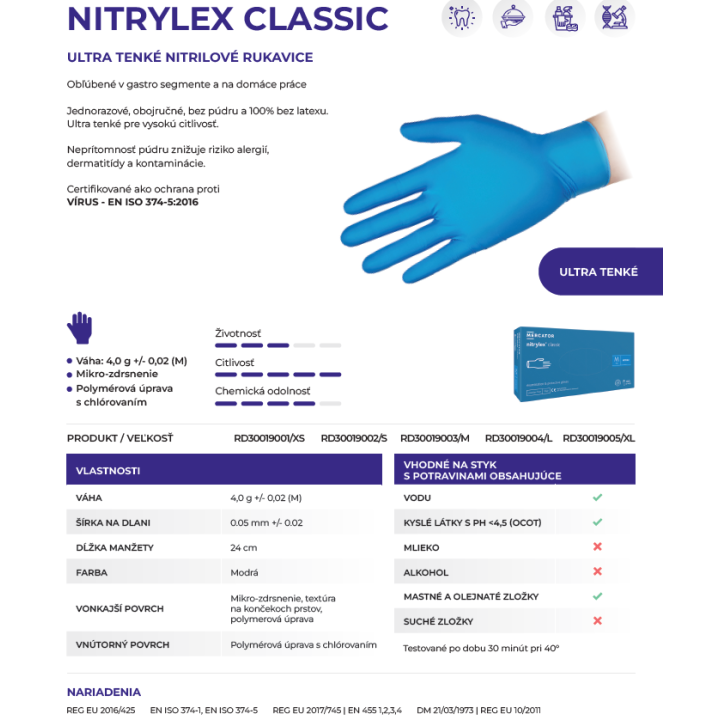 Rukavice jednorazové nitrilové modré NITRYLEX Classic, nepudrované, veľk. 8/M, 100 ks