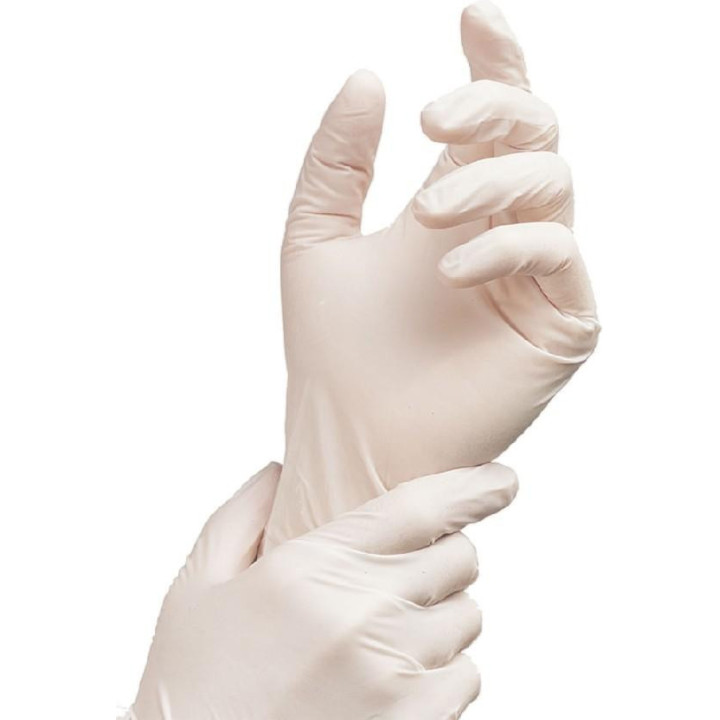 Rukavice jednorazové latexové pudrované, biele, FEATHER-PLUS, 100 ks, veľk. L,